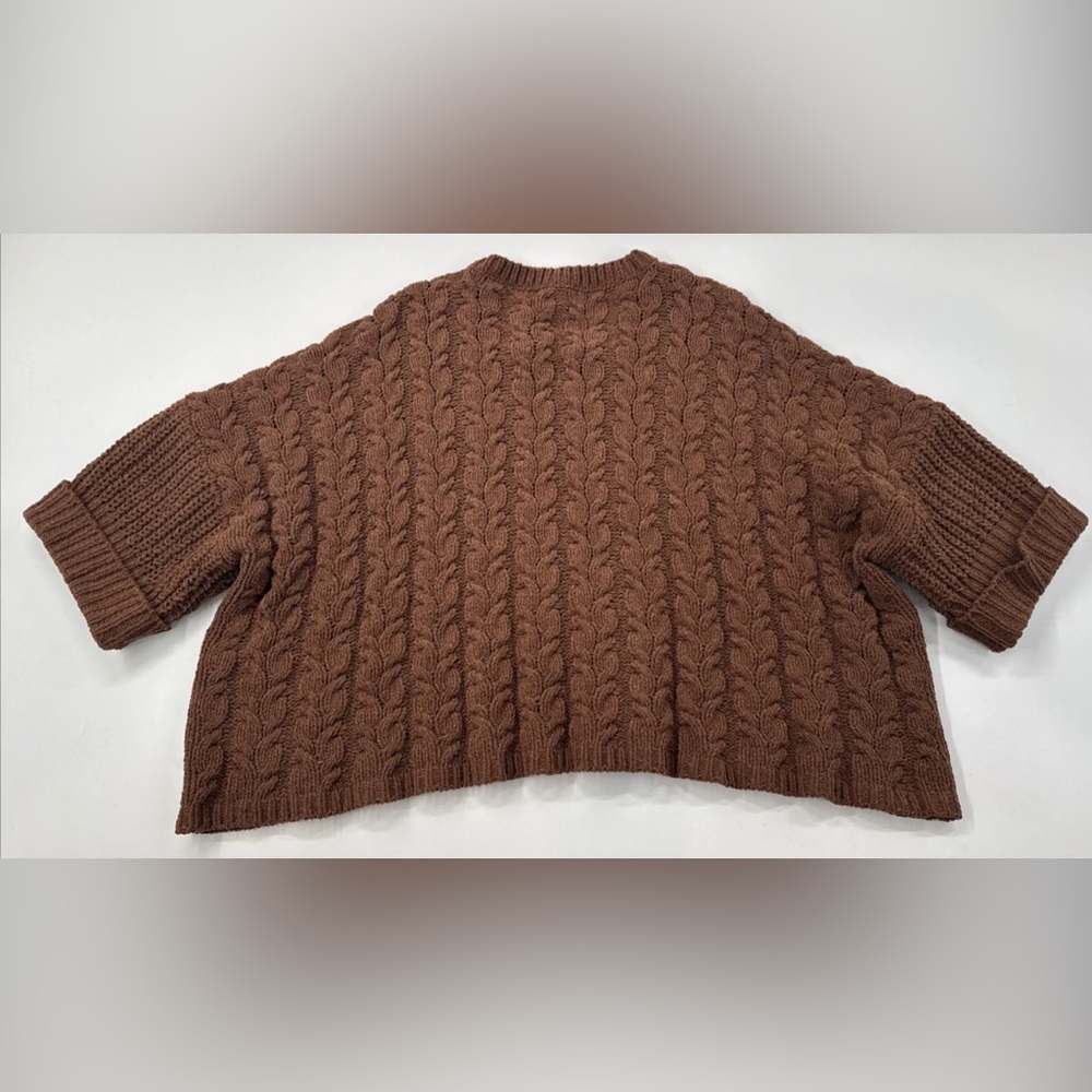 POL Chunky Sweater Womens Large Brown Cropped Cable Cuff Sleeve Knit Soft Boho - Picture 2 of 8